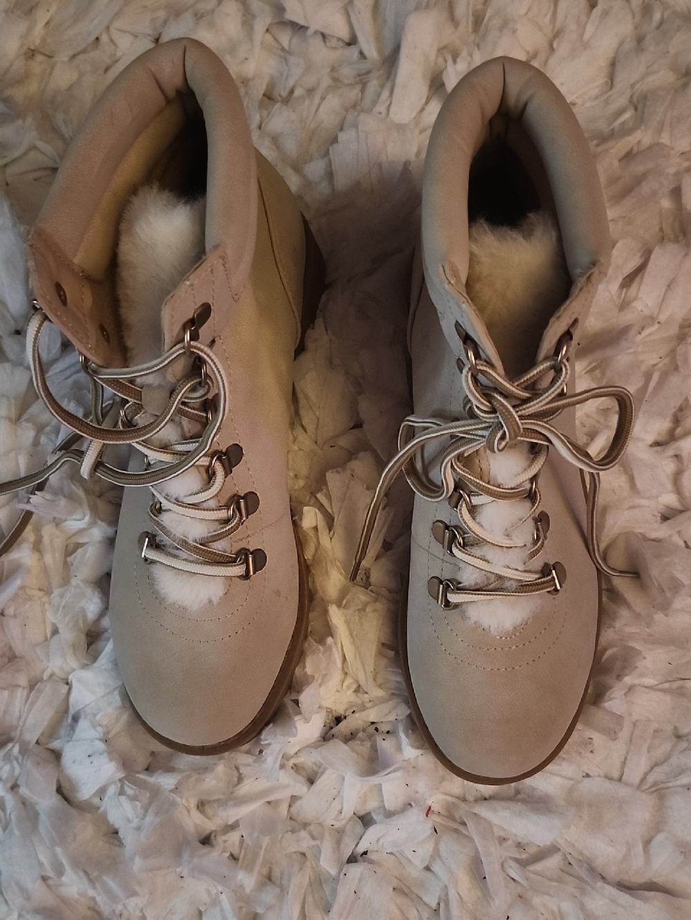 Jellypop Light Beige Lace-Up Faux Fur Hiking Boots